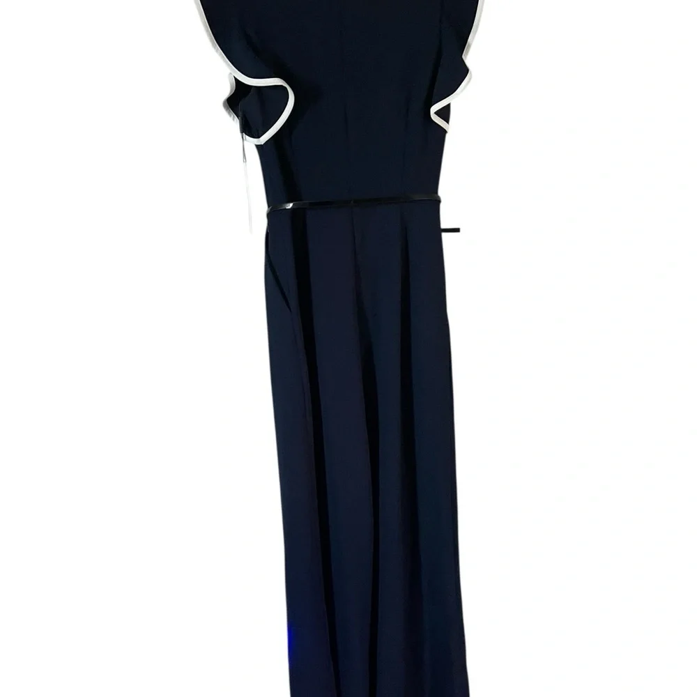 NWT Calvin Klein Navy White Accents Belted Wide Leg Jumpsuit  Women Size 4 - Picture 3 of 9